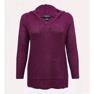Torrid Ribbed Pullover Hooded Tunic Sweater Purple V-Neck Sz 00 M/L 10 - New